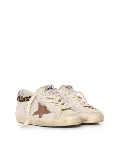 Golden Goose Super-star Sneakers In Suede With Worn Effect And Leopard Print Hairy Cow In White