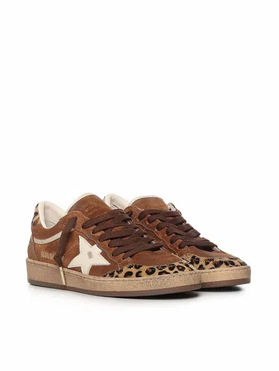 Golden Goose Sneaker Ballstar Low Top With Star Patch With Glitter And Animalier Print In Brown Suede For Women