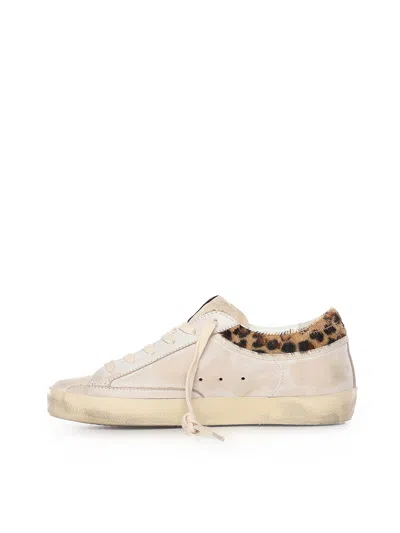 Golden Goose Super-star Sneakers In Suede With Worn Effect And Leopard Print Hairy Cow In White