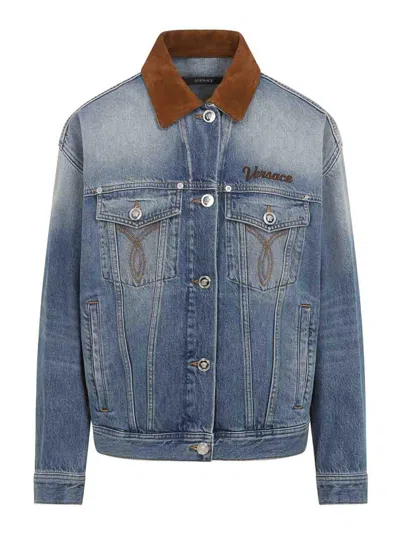 Versace Stone Wash Denim Blouson Jacket For Women In Blue