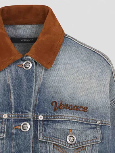 Versace Stone Wash Denim Blouson Jacket For Women In Blue