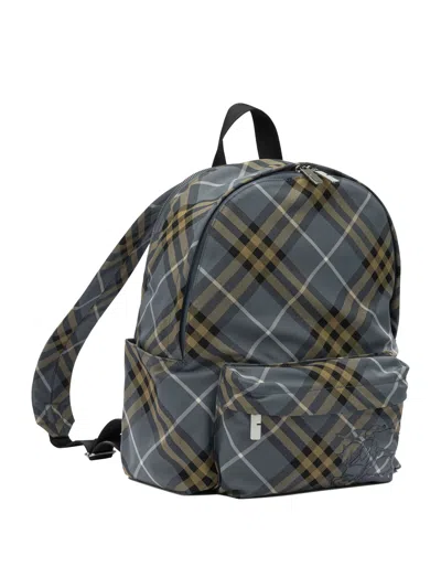 Burberry Check Blue Polyester Backpack In Gray