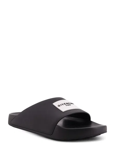 Givenchy Black Sandals With Wide Band And Contrasting Logo Patch In Rubber Man
