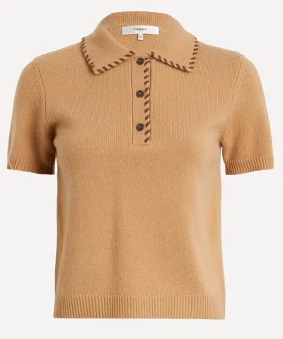 Frame Whipstitched Leather-trimmed Wool And Cashmere-blend Polo Shirt In Brown