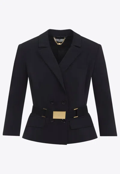 Elisabetta Franchi Jacket In Stretch Technical Fabric With Belt In Blue