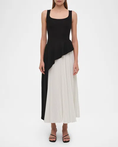 Simkhai Zayla Black And White Dress With Pleated Skirt And Squared Neckline In Tech Fabric Woman