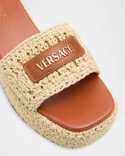 Versace Logo-embellished Raffia Platform Slides In Brown