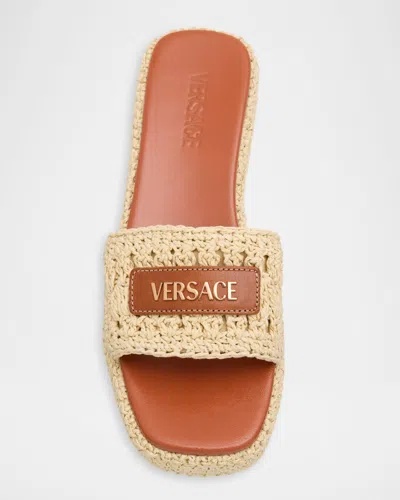 Versace Logo-embellished Raffia Platform Slides In Brown