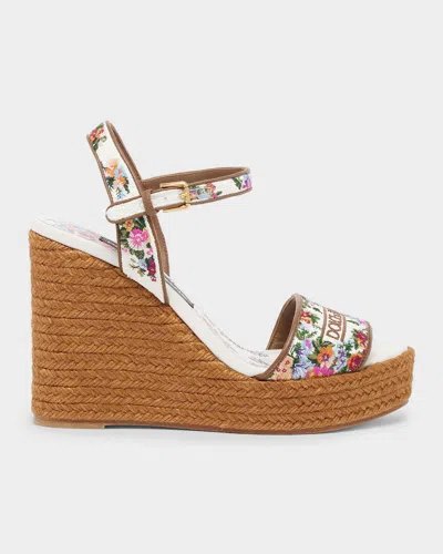 Dolce & Gabbana Leather-trimmed Embroidered Canvas Platform Wedge Sandals In Brown