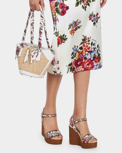 Dolce & Gabbana Leather-trimmed Embroidered Canvas Platform Wedge Sandals In Brown