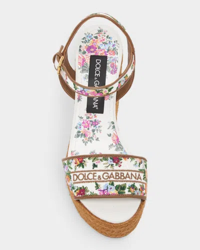Dolce & Gabbana Leather-trimmed Embroidered Canvas Platform Wedge Sandals In Brown