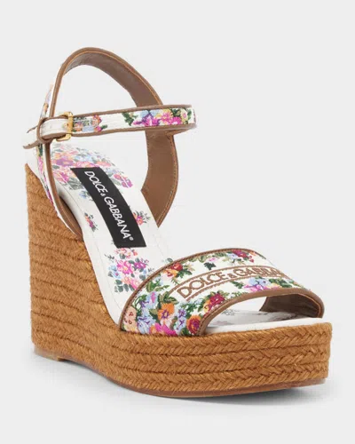 Dolce & Gabbana Leather-trimmed Embroidered Canvas Platform Wedge Sandals In Brown