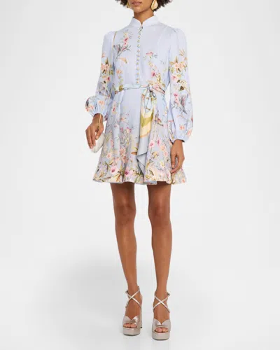 Zimmermann Rebellion Multicolor Midi Dress With Bow Detail On The Front And All-over Floral Print In Linen Woma In Blue