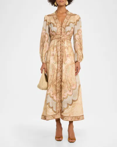 Zimmermann Wanderlust Multicolor Long Dress With V Neck And All-over Paisley Motif In Linen Woman