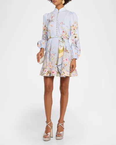 Zimmermann Rebellion Multicolor Midi Dress With Bow Detail On The Front And All-over Floral Print In Linen Woma In Blue