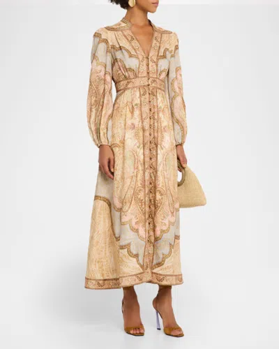 Zimmermann Wanderlust Multicolor Long Dress With V Neck And All-over Paisley Motif In Linen Woman