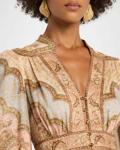 Zimmermann Wanderlust Multicolor Long Dress With V Neck And All-over Paisley Motif In Linen Woman