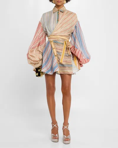 Zimmermann Rebellion Multicolor Midi Dress With Bow Detail On The Front And All-over Striped Motif In Linen And