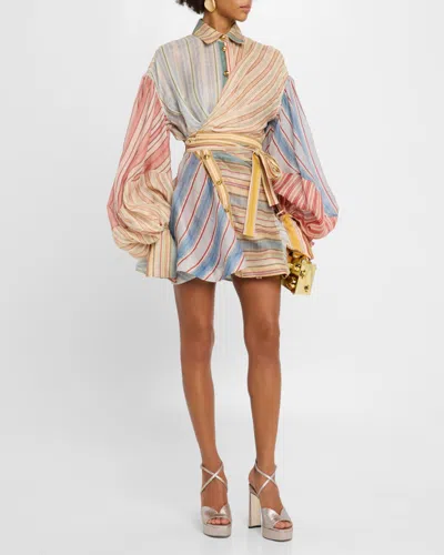 Zimmermann Rebellion Multicolor Midi Dress With Bow Detail On The Front And All-over Striped Motif In Linen And