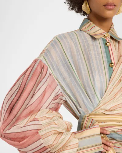 Zimmermann Rebellion Multicolor Midi Dress With Bow Detail On The Front And All-over Striped Motif In Linen And