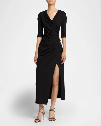 Giorgio Armani Elbow-sleeve Draped Crepe Slit Midi Dress In Black