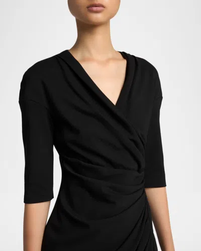 Giorgio Armani Elbow-sleeve Draped Crepe Slit Midi Dress In Black