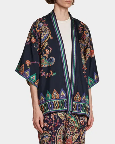 Etro Silk Twill Kesa With Placed Floral Paisley Print In Multi