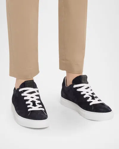 Brunello Cucinelli Bead-embellished Suede-trimmed Stretch-knit Sneakers In Blue