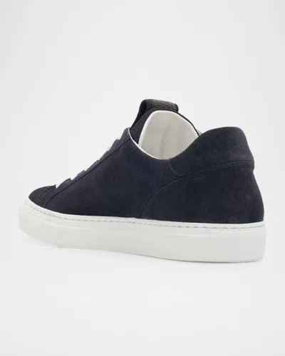 Brunello Cucinelli Bead-embellished Suede-trimmed Stretch-knit Sneakers In Blue