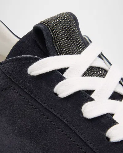 Brunello Cucinelli Bead-embellished Suede-trimmed Stretch-knit Sneakers In Blue
