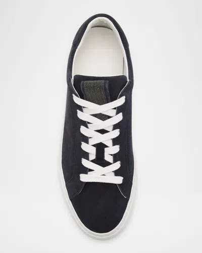Brunello Cucinelli Bead-embellished Suede-trimmed Stretch-knit Sneakers In Blue