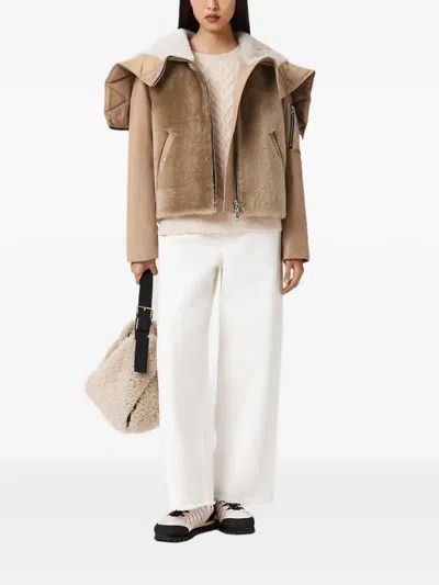 Allsaints Dexter Collared Shearling Jacket In Nude
