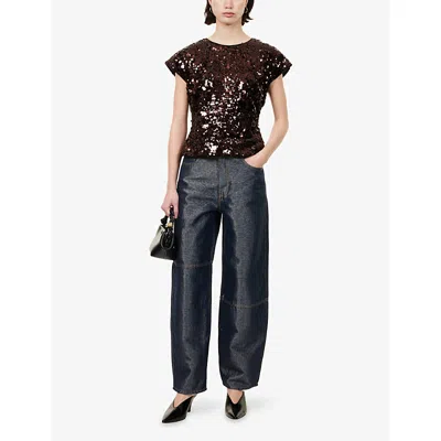 Ganni Womens Demitasse Bow-embroidered Sequin-embellished Velvet Top In Brown