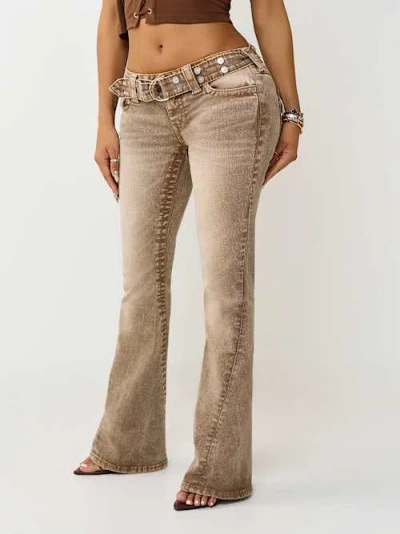 True Religion Joey Stud Belt Low Rise Flare Leg Jeans In Brown