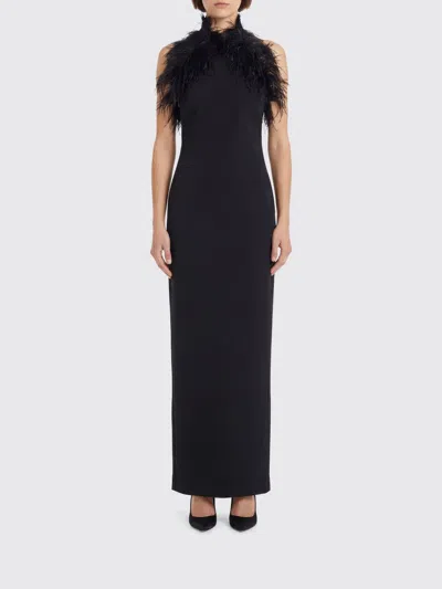 Attico Long Dress Cady Ostrich Feathers Detail In Brown