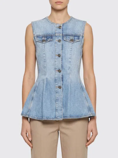 Rotate Birger Christensen Denim Flared Silhouette Button-front Cotton Tank Top In Blue