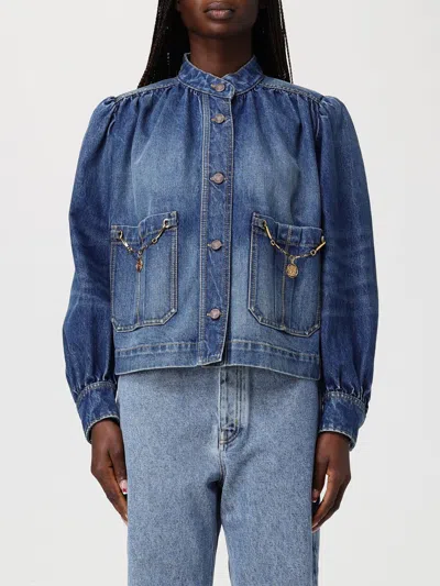 Chloé Blue Jacket With High Neck And Chain Detail On The Front In Denim Woman