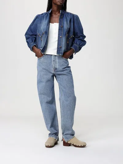 Chloé Blue Jacket With High Neck And Chain Detail On The Front In Denim Woman