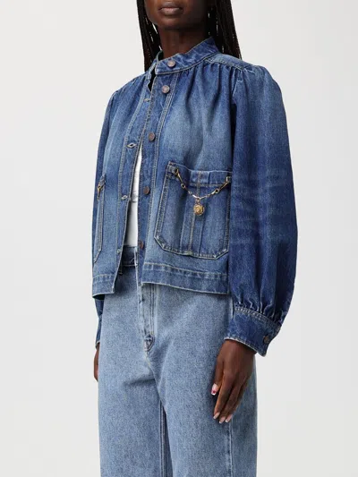 Chloé Blue Jacket With High Neck And Chain Detail On The Front In Denim Woman