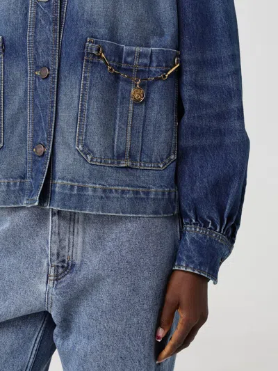 Chloé Blue Jacket With High Neck And Chain Detail On The Front In Denim Woman