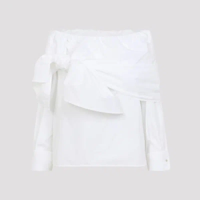 Max Mara Off-the-shoulder Tie-detailed Gathered Cotton-poplin Blouse In White