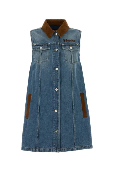 Versace Women Blue Sleeveless Buttoned Mini Dress, M Luxury Dresses For Women Darveys