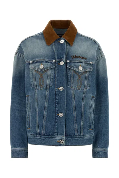 Versace Denim Overwashed Jacket With Embroidered-logo In Blue