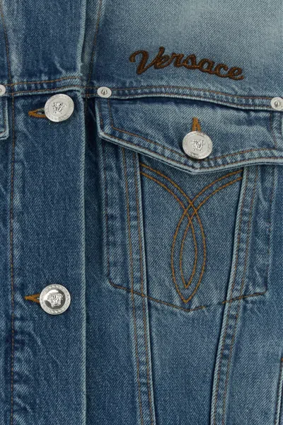 Versace Denim Overwashed Jacket With Embroidered-logo In Blue
