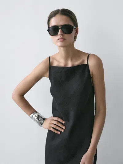 Massimo Dutti 100% Linen Midi Dress In Gold