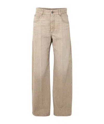 Brunello Cucinelli Women Beige Authentic Denim Wide Jeans With Monili In Metallic