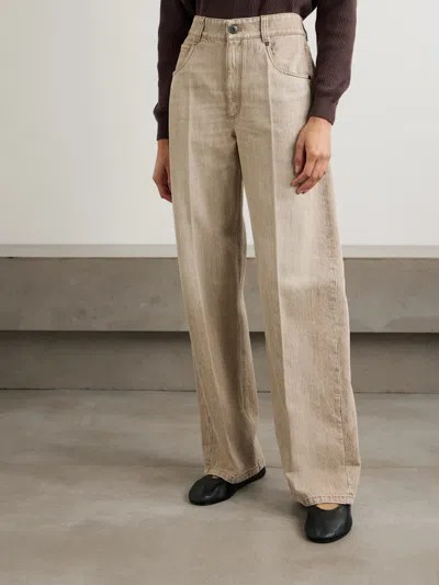 Brunello Cucinelli Women Beige Authentic Denim Wide Jeans With Monili In Metallic