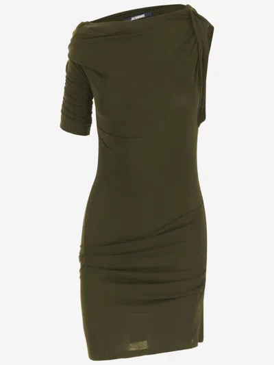 Jacquemus Asymmetric Green Mini Dress With Gathered Details In Green