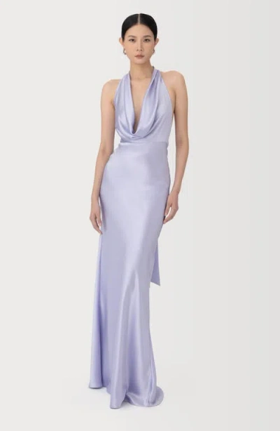 Sau Lee Pearl Satin Plunging Cowl Neck Bias-cut Sheath Maxi Dress In Purple