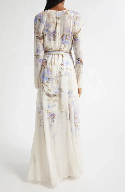 Zimmermann Luna Belted Printed Silk Satin-trimmed Chiffon Maxi Dress In Multi